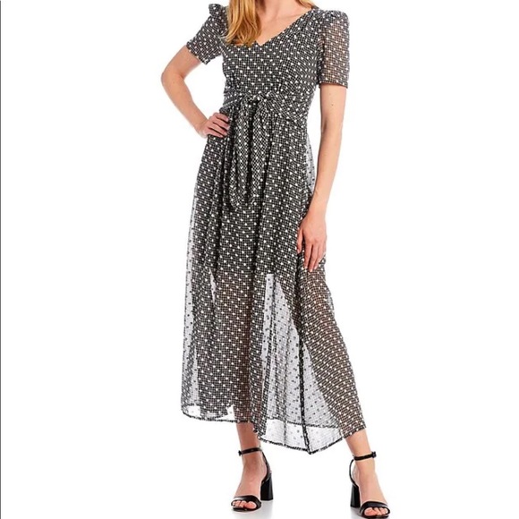 Calvin Klein Dresses & Skirts - Calvin Klein Dotted V-Neck Short Sleeve Tie Waist
Maxi Dress Black and White